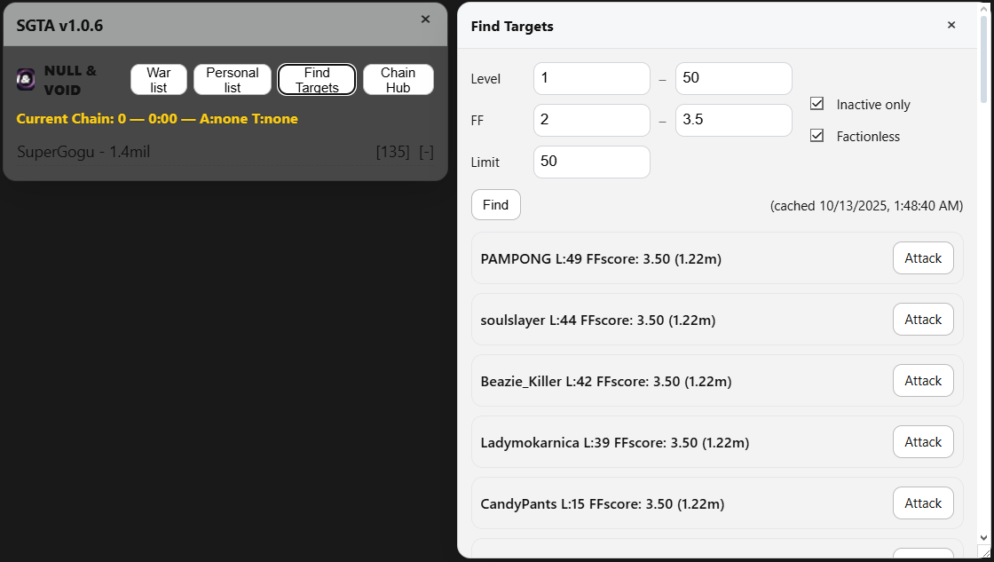 SGTA – Find Targets panel screenshot
