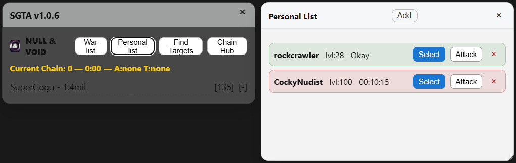 SGTA – Personal List panel screenshot