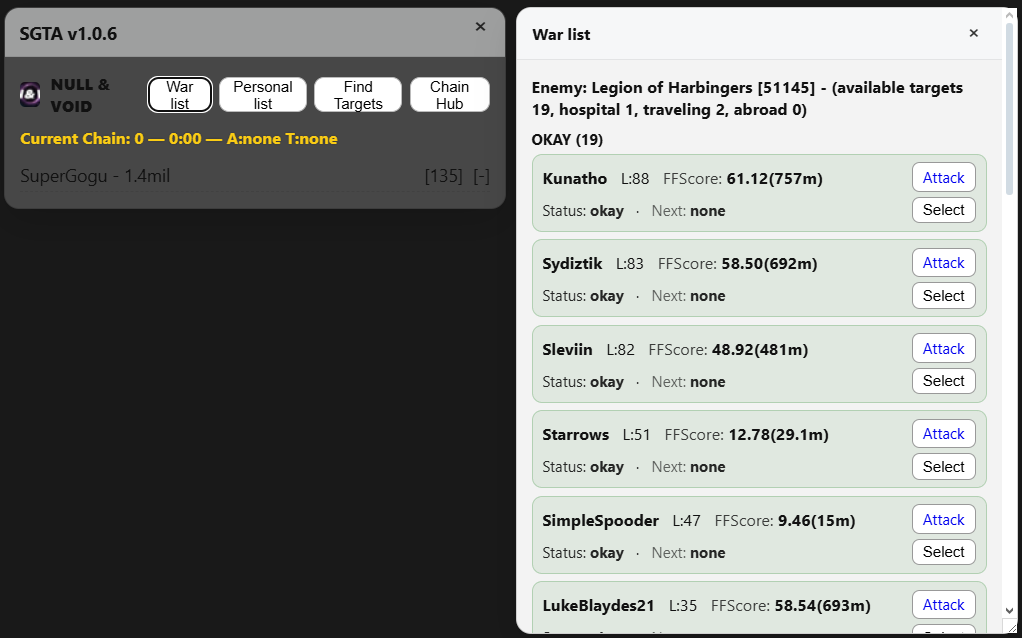 SGTA – War list panel screenshot