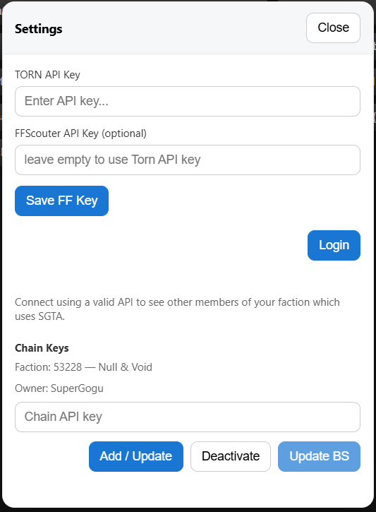 SGTA Settings panel